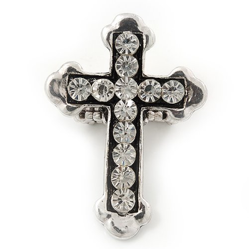 Avalaya 'Fleur de Lis' Crystal Set Statement Cross Stretch Ring In Vintage Silver Finish - 6cm Length - Adjustable size 7/8