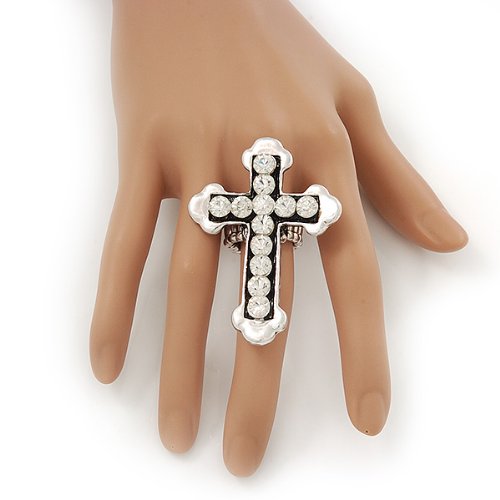 Avalaya 'Fleur de Lis' Crystal Set Statement Cross Stretch Ring In Vintage Silver Finish - 6cm Length - Adjustable size 7/8