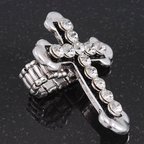 Avalaya 'Fleur de Lis' Crystal Set Statement Cross Stretch Ring In Vintage Silver Finish - 6cm Length - Adjustable size 7/8