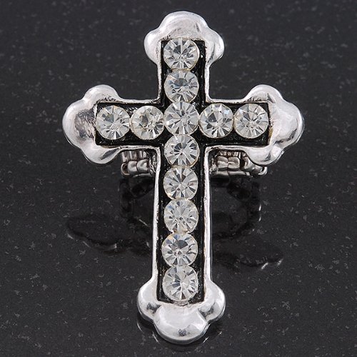 Avalaya 'Fleur de Lis' Crystal Set Statement Cross Stretch Ring In Vintage Silver Finish - 6cm Length - Adjustable size 7/8