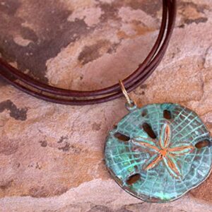 Elaine Coyne Collectible Artwear Verdigris Patina Large Brass Sand Dollar Pendant on Expresso Leather - USA Made