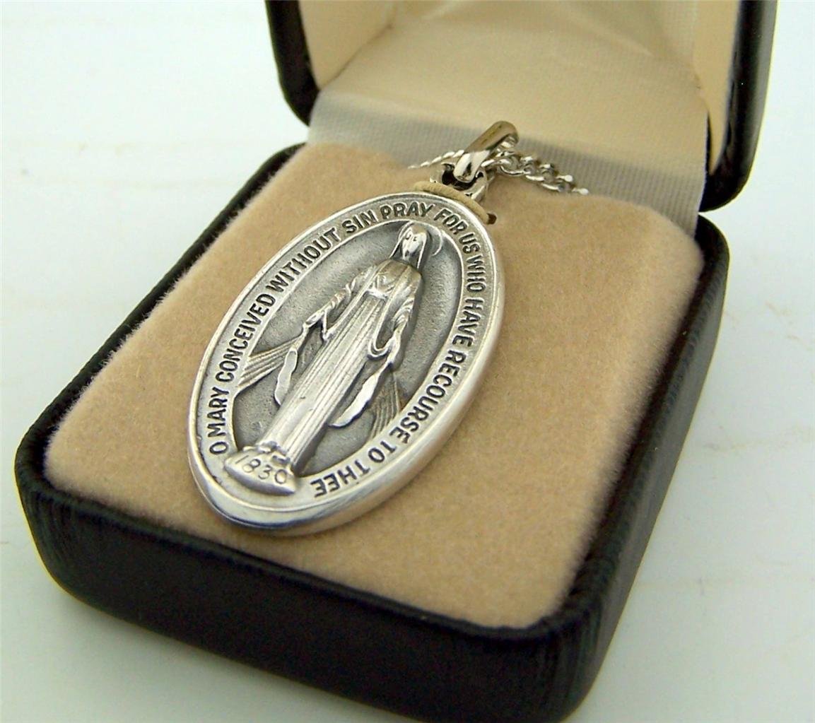 CB Silver Toned Base Oval Virgin Mother Mary Madonna Medal, 1 1/2 Inch