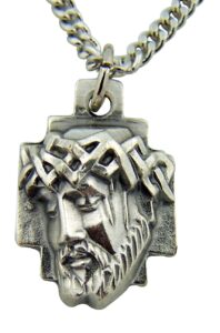 cb silver toned base crown of thorns head of jesus christ cross medal, 1 inch