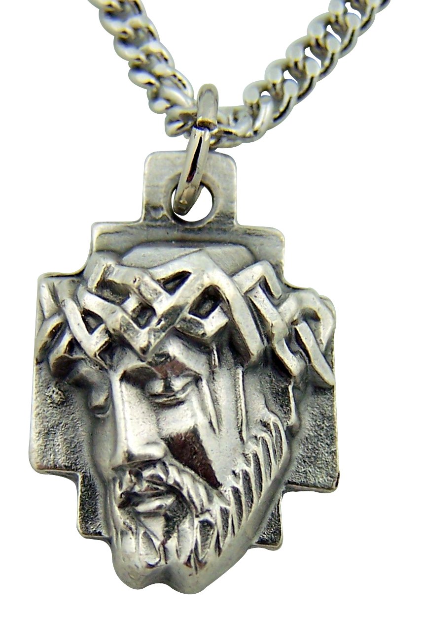 CB Silver Toned Base Crown of Thorns Head of Jesus Christ Cross Medal, 1 Inch