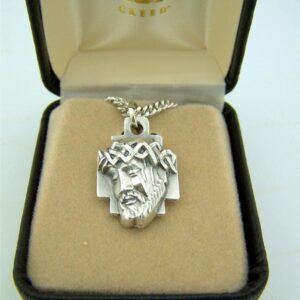 CB Silver Toned Base Crown of Thorns Head of Jesus Christ Cross Medal, 1 Inch