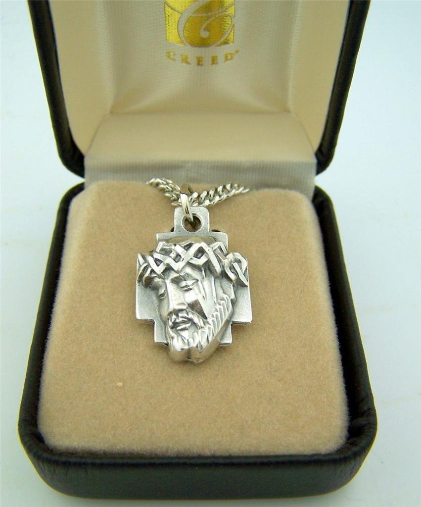 CB Silver Toned Base Crown of Thorns Head of Jesus Christ Cross Medal, 1 Inch