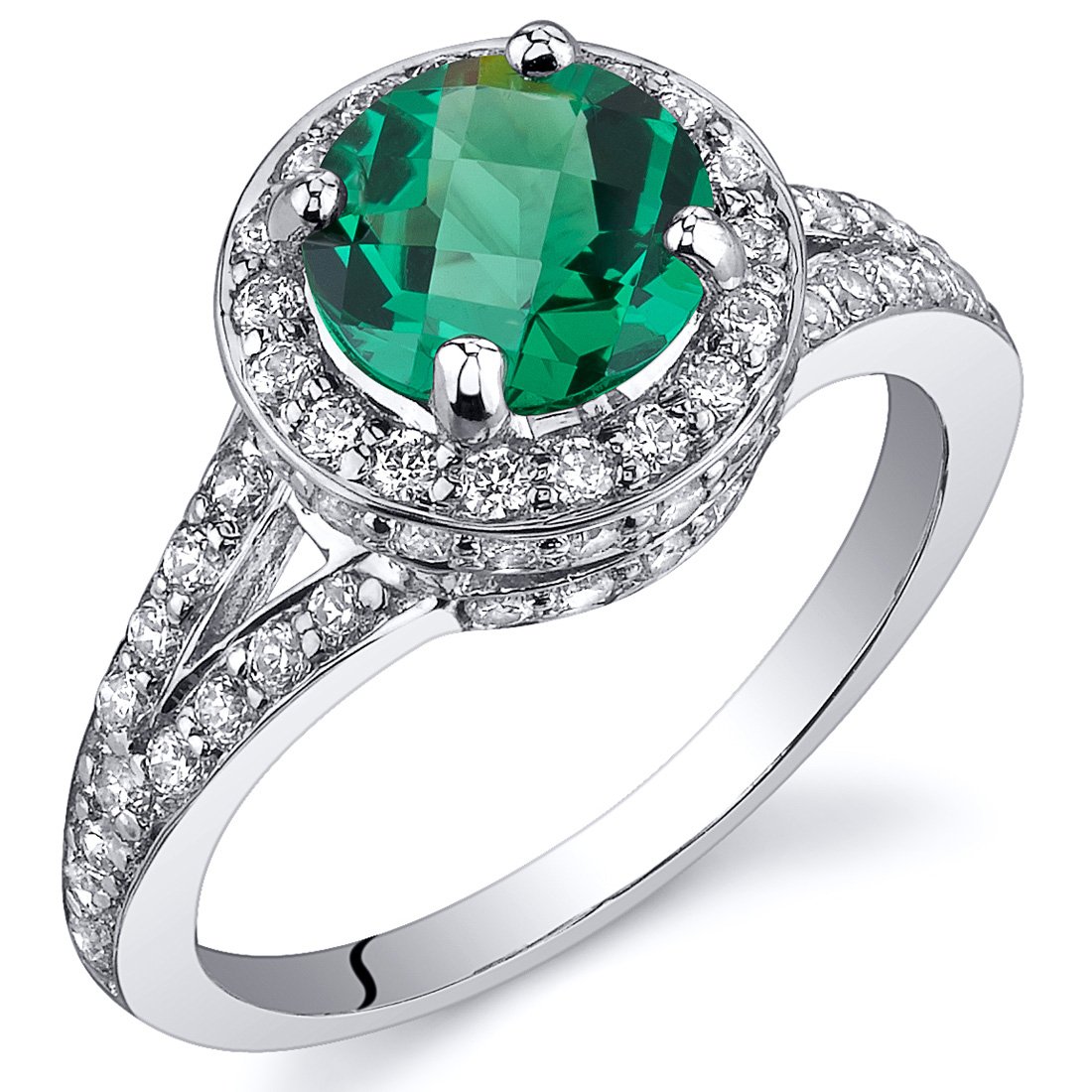 PEORA Simulated Emerald Ring in Sterling Silver, Vintage Halo Design, Round Shape, 7mm, 1.25 Carats, Size 7