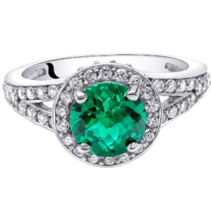 PEORA Simulated Emerald Ring in Sterling Silver, Vintage Halo Design, Round Shape, 7mm, 1.25 Carats, Size 7