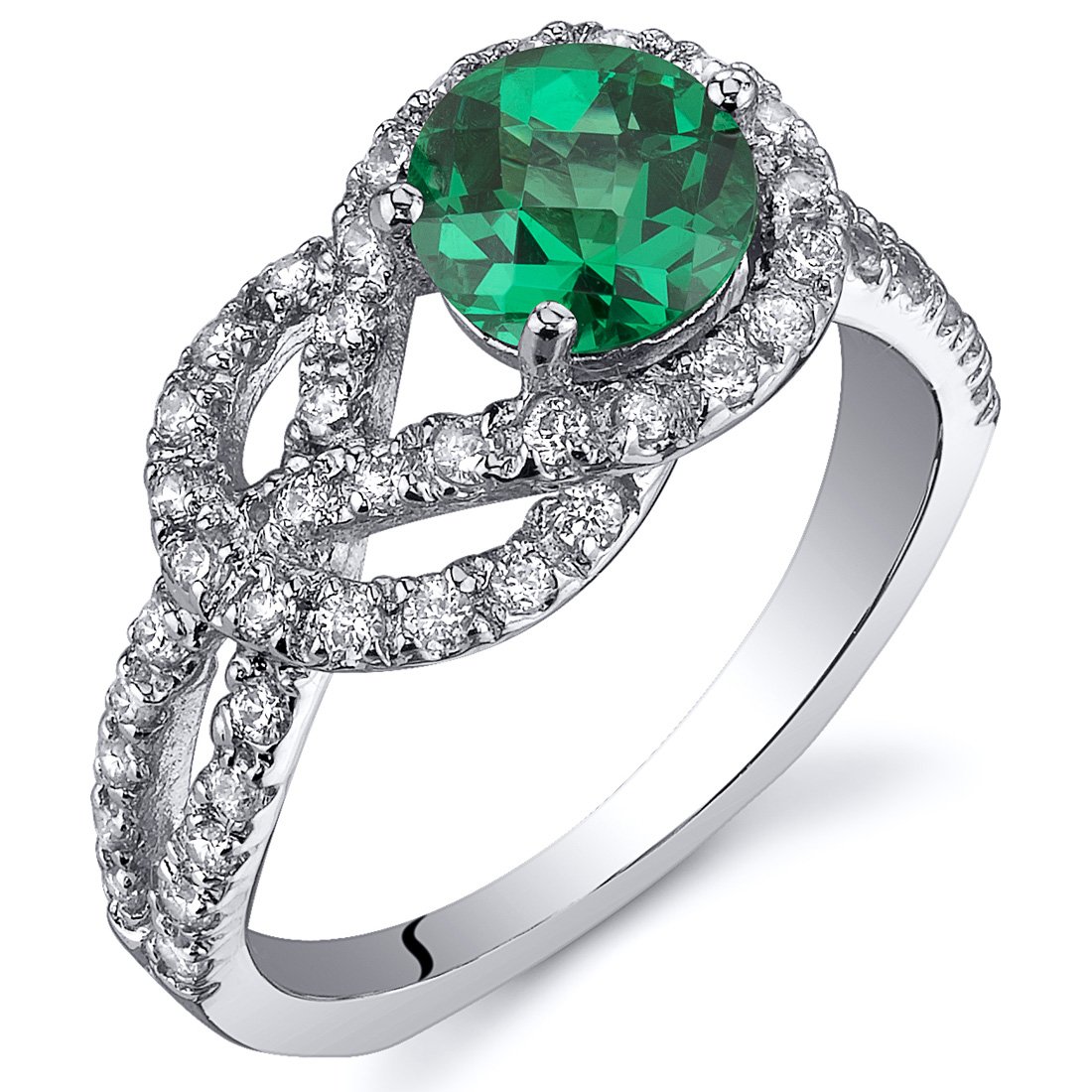 PEORA Simulated Emerald Ring in Sterling Silver, Infinity Knot Design, Round Shape, 6mm, 0.75 Carat Total, Comfort Fit, Size 8