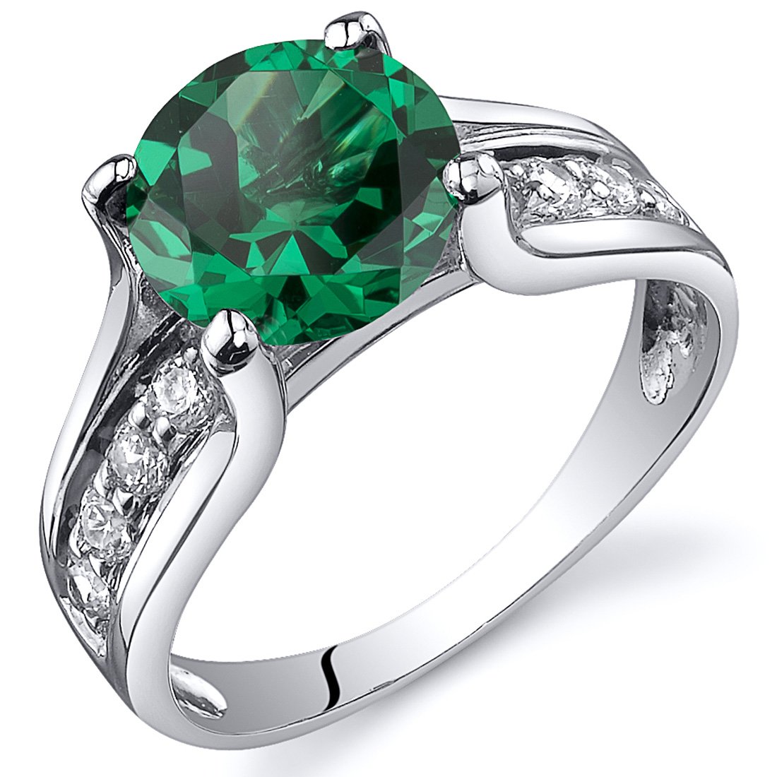 PEORA Simulated Emerald Cathedral Ring in Sterling Silver, Solitaire Round Shape, 8mm, 1.75 Carats total, Comfort Fit Size 7