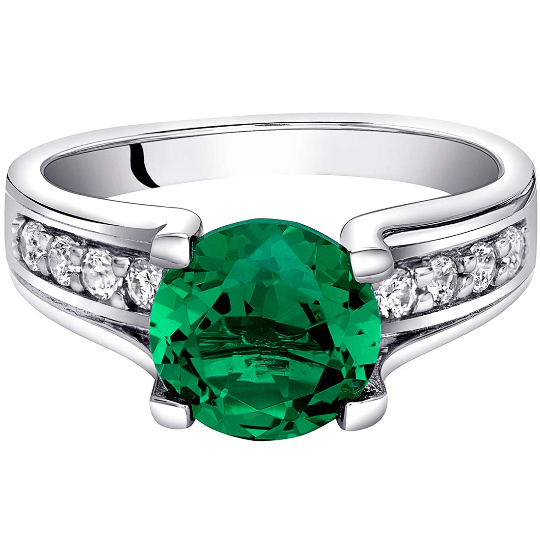 PEORA Simulated Emerald Cathedral Ring in Sterling Silver, Solitaire Round Shape, 8mm, 1.75 Carats total, Comfort Fit Size 7