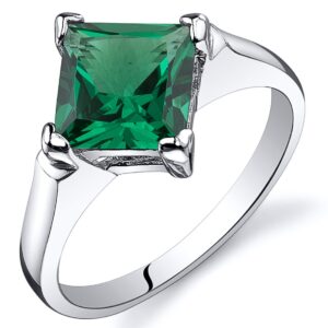 PEORA Simulated Emerald Designer Solitaire Ring for Women 925 Sterling Silver, 1.50 Carats Princess Cut 7mm, Size 7