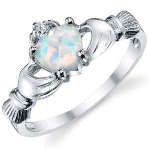 Sterling Silver 925 Irish Claddagh Friendship & Love Ring with Simulated Opal Heart 7