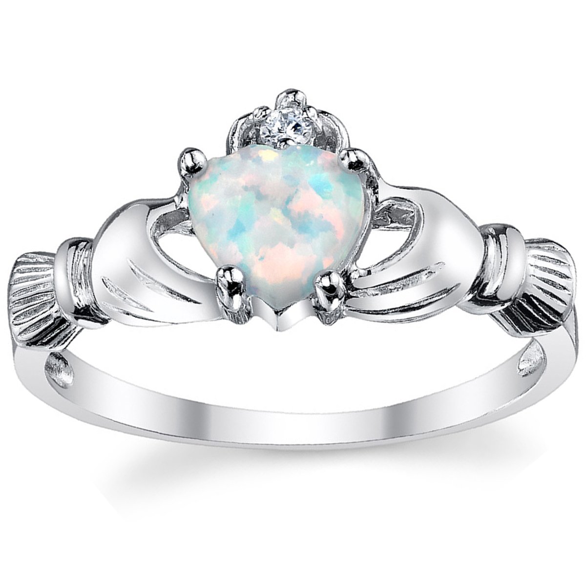 Sterling Silver 925 Irish Claddagh Friendship & Love Ring with Simulated Opal Heart 7