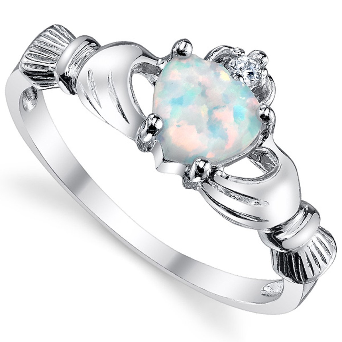 Sterling Silver 925 Irish Claddagh Friendship & Love Ring with Simulated Opal Heart 7