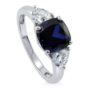 BERRICLE Sterling Silver 3-Stone Wedding Engagement Rings Simulated Blue Sapphire Cushion Cut Cubic Zirconia CZ Anniversary Ring for Women, Rhodium Plated Size 9