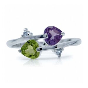 Silvershake Natural Amethyst Peridot and White Topaz 925 Sterling Silver Twin Heart Ring Size 5