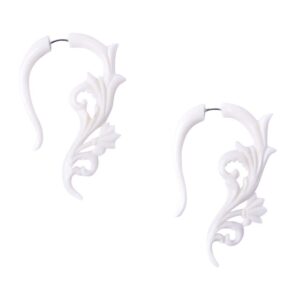 81stgeneration Fake Ear Tapers for Women - White Carved Bone Jewelry - Floral Style Carving - Men's Fake Stretcher Earrings - Fake Tribal Gauges - Bone Earrings Halloween