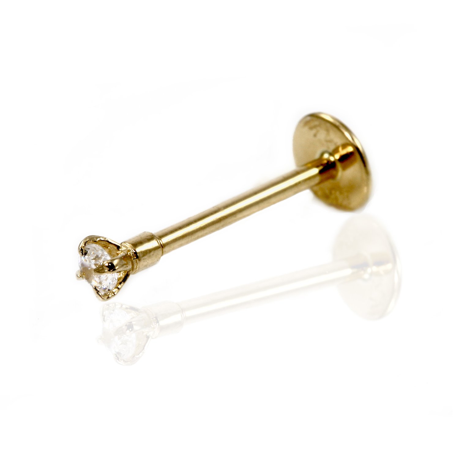 14k Gold Labret Stud Body Piercing CZ Lip Ring 13mm - 18 Gauge (Yellow-gold)