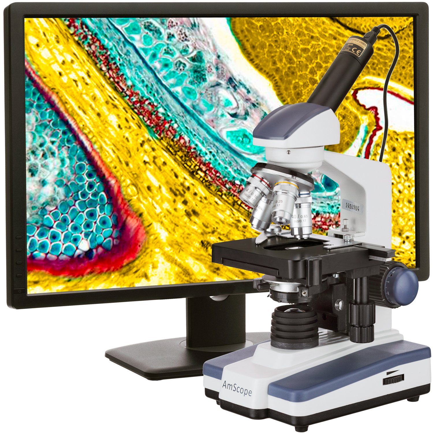 AmScope M620C-E1 Digital Compound Monocular Microscope, WF10x and WF25x Eyepieces, 40x-2500x Magnification, Brightfield, LED Illumination, Abbe Condenser, Mechanical Stage, 110V, Includes 1.3MP Camera and Software