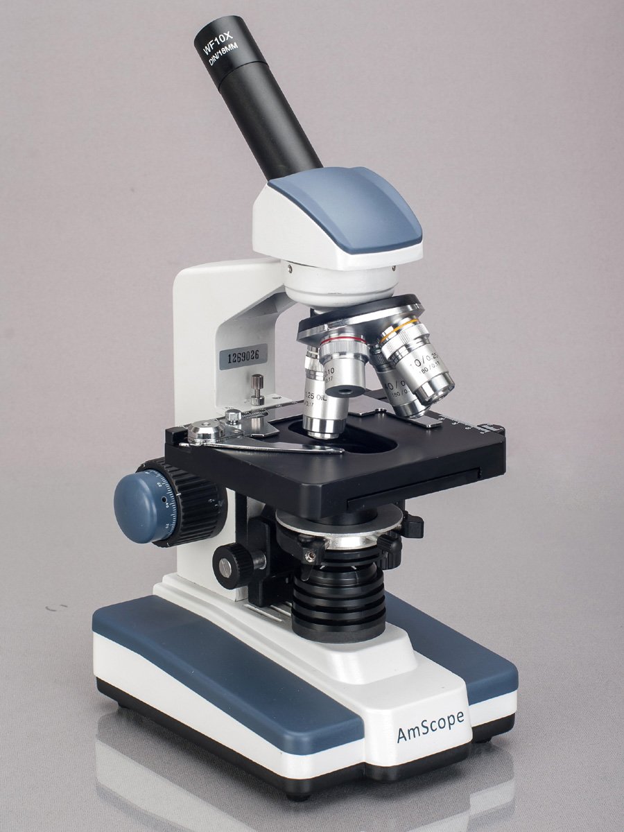 AmScope M620C-E1 Digital Compound Monocular Microscope, WF10x and WF25x Eyepieces, 40x-2500x Magnification, Brightfield, LED Illumination, Abbe Condenser, Mechanical Stage, 110V, Includes 1.3MP Camera and Software