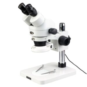 amscope sm-1bs-64s professional binocular stereo zoom microscope, wh10x eyepieces, 7x-45x magnification, 0.7x-4.5x zoom objective, 64-bulb led ring light, pillar stand, 110v-240v