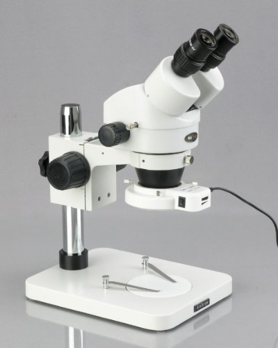 AmScope SM-1BS-144S Professional Binocular Stereo Zoom Microscope, WH10x Eyepieces, 7X-45X Magnification, 0.7X-4.5X Zoom Objective, 144-Bulb LED Ring Light, Pillar Stand, 110V-240V