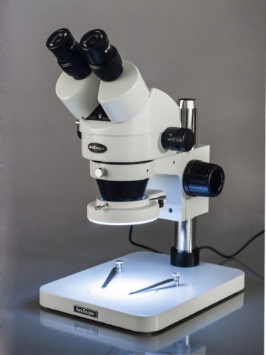 AmScope SM-1BS-144S Professional Binocular Stereo Zoom Microscope, WH10x Eyepieces, 7X-45X Magnification, 0.7X-4.5X Zoom Objective, 144-Bulb LED Ring Light, Pillar Stand, 110V-240V