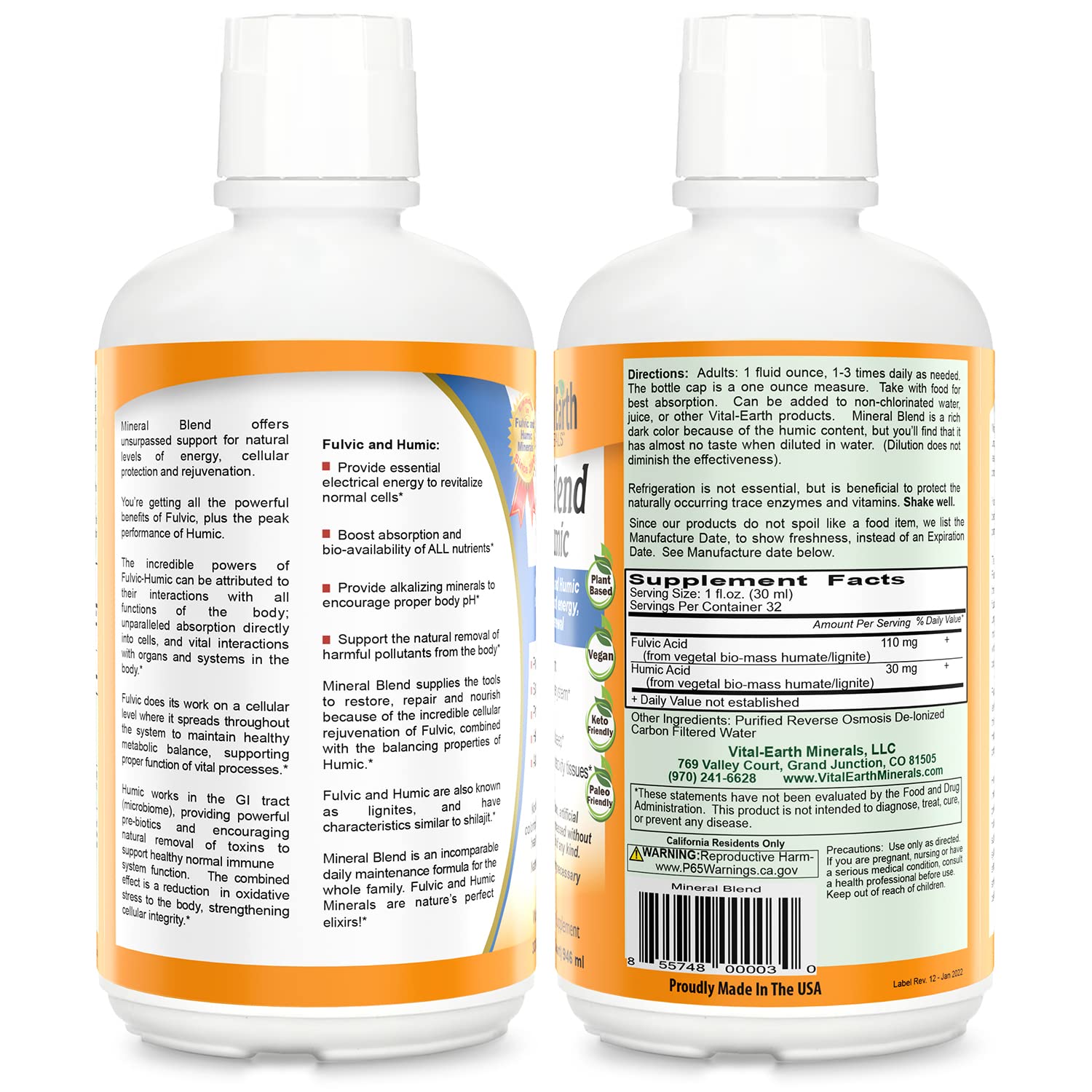 Vital Earth Minerals Fulvic Humic Mineral Blend Liquid 2-Pack – Fulvic Acid Supplement with 70+ Trace Minerals, Electrolytes for Recovery, Balance & Energy, 32 Oz Ea + 1 Oz Cup Ea