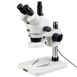 amscope sm-1tszz-144s professional trinocular stereo zoom microscope, wh10x and wh20x eyepieces, 3.5x-180x magnification, 0.7x-4.5x zoom objective, 144-bulb led ring light, pillar stand, 110v-240v, includes 0.5x and 2.0x barlow lenses