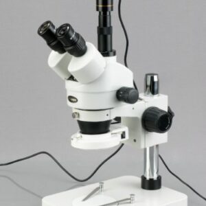 AmScope SM-1TSZZ-144S Professional Trinocular Stereo Zoom Microscope, WH10x and WH20x Eyepieces, 3.5X-180X Magnification, 0.7X-4.5X Zoom Objective, 144-Bulb LED Ring Light, Pillar Stand, 110V-240V, Includes 0.5X and 2.0X Barlow Lenses