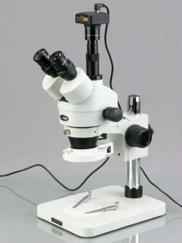 AmScope SM-1TSZZ-144S Professional Trinocular Stereo Zoom Microscope, WH10x and WH20x Eyepieces, 3.5X-180X Magnification, 0.7X-4.5X Zoom Objective, 144-Bulb LED Ring Light, Pillar Stand, 110V-240V, Includes 0.5X and 2.0X Barlow Lenses