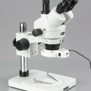 AmScope SM-1TSZZ-144S-10M Digital Professional Trinocular Stereo Zoom Microscope, WH10x and WH20x Eyepieces, 3.5X-180X Magnification, 0.7X-4.5X Zoom Objective, 144-Bulb LED Ring Light, Pillar Stand, 110V-240V, Includes 0.5X and 2.0X Barlow Lenses and 10MP