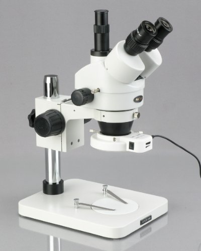 AmScope SM-1TSZZ-144S-10M Digital Professional Trinocular Stereo Zoom Microscope, WH10x and WH20x Eyepieces, 3.5X-180X Magnification, 0.7X-4.5X Zoom Objective, 144-Bulb LED Ring Light, Pillar Stand, 110V-240V, Includes 0.5X and 2.0X Barlow Lenses and 10MP