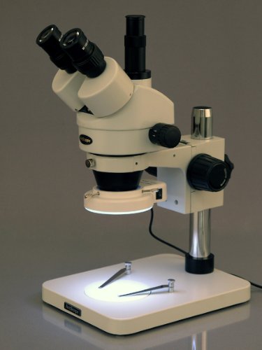 AmScope SM-1TSZZ-144S-10M Digital Professional Trinocular Stereo Zoom Microscope, WH10x and WH20x Eyepieces, 3.5X-180X Magnification, 0.7X-4.5X Zoom Objective, 144-Bulb LED Ring Light, Pillar Stand, 110V-240V, Includes 0.5X and 2.0X Barlow Lenses and 10MP