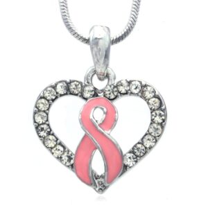 Soulbreezecollection Light Pink Ribbon Breast Cancer Awareness Heart Charm Pendant Necklace Pink Rhinestones Jewelry