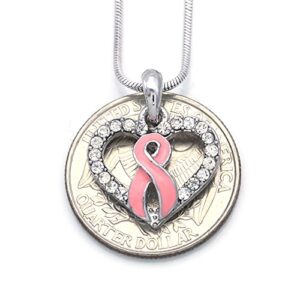 Soulbreezecollection Light Pink Ribbon Breast Cancer Awareness Heart Charm Pendant Necklace Pink Rhinestones Jewelry