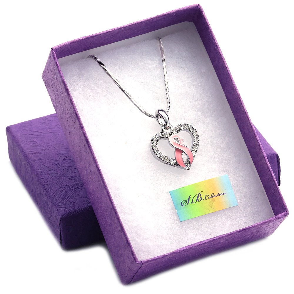 Soulbreezecollection Light Pink Ribbon Breast Cancer Awareness Heart Charm Pendant Necklace Pink Rhinestones Jewelry