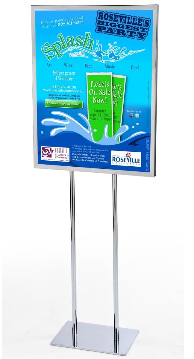 Free-Standing Metal Poster Frame for 22 x 28 Posters, Chrome Finish, Top Loading Sign Stand with Two-Legged Post