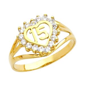 10k yellow gold sweet 15 anos quinceanera heart ring with cubic zirconia (size 7)