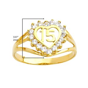 Quinceanera Jewelry 14K Yellow Gold Cubic Zirconia ‘15’ Fifteen Heart Ring - Size 7