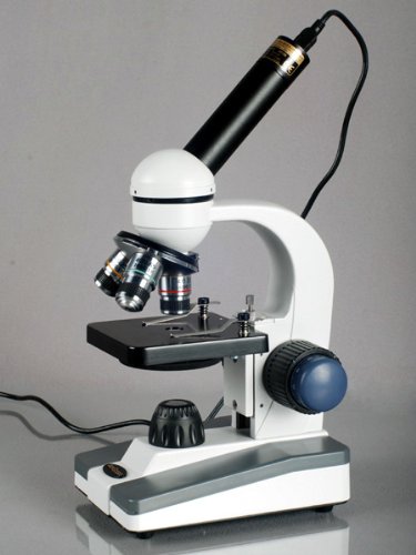 AmScope M150C-PS10 Compound Monocular Microscope, WF10x and WF25x Eyepieces, 40x-1000x Magnification, LED Illumination, Brightfield, Single-Lens Condenser, Coaxial Coarse and Fine Focus, Plain Stage, 110V, Includes Set of 10 Prepared Slides