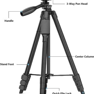 Lightweight 57-inch Camera Tripod for Canon EOS Rebel T3, T3i, T4i, T5, T5i T6i, T6s, T7, T7i, EOS 60D, EOS 70D, EOS 80D, EOS 5D Mark III, EOS 6D, EOS 7D Mark II, EOS-M, EOS-M3, EOS-M50 Cameras