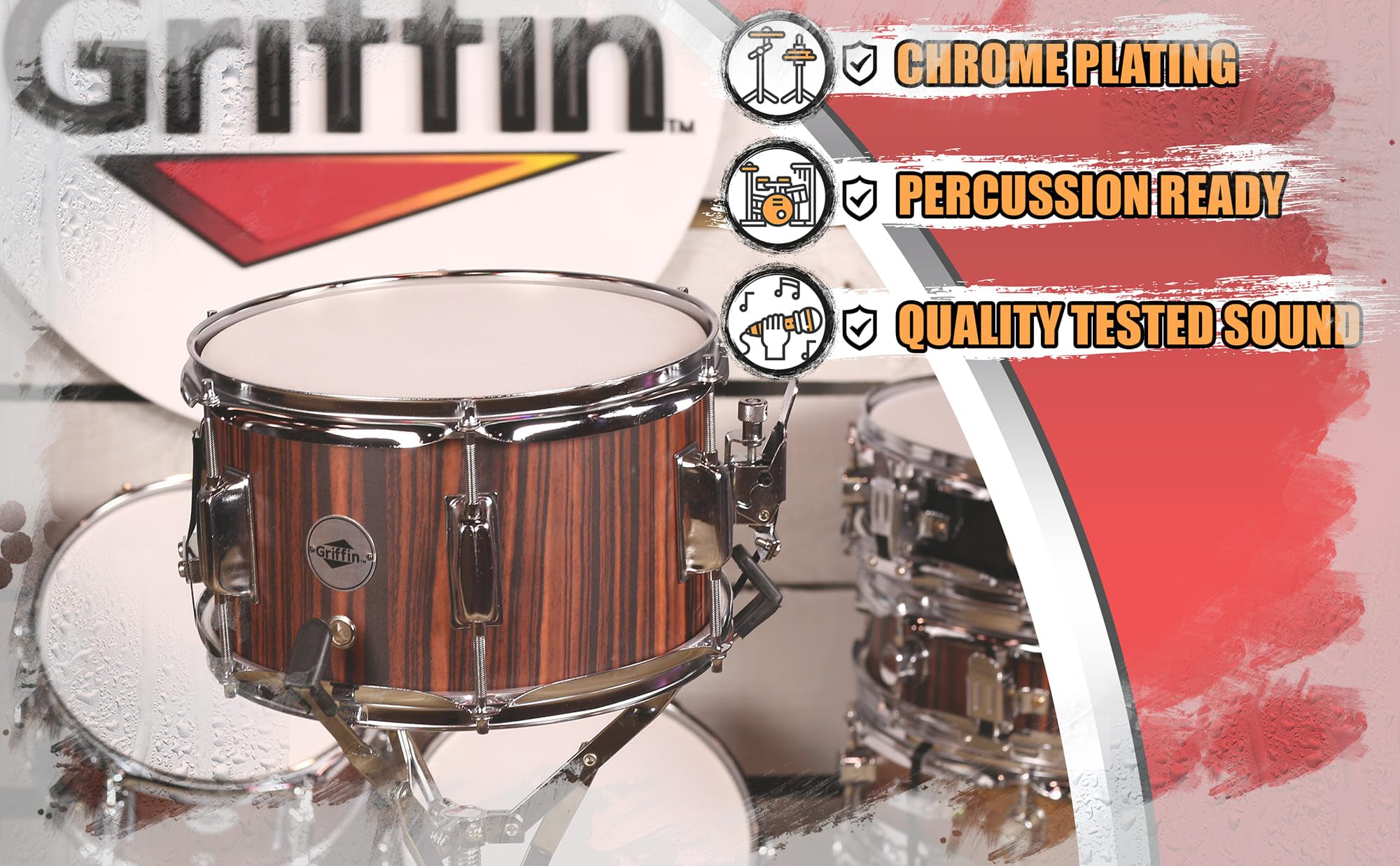 GRIFFIN Firecracker Snare Drum | Acoustic Popcorn 10" x 6" Poplar Mini Wood Shell & Black Hickory PVC | Concert Marching Percussion Musical Instrument with Deluxe Snare Throw Off, Drummers Key & Head