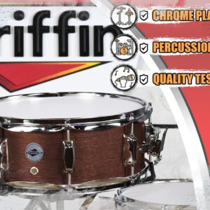 GRIFFIN Snare Drum | Poplar Wood Shell 14" x 5.5" with Flat Hickory PVC | 8 Metal Tuning Lugs & Snare Strainer Throw Off | Percussion Instrument with Drummers Key, Coated Head | Marching Kit Set