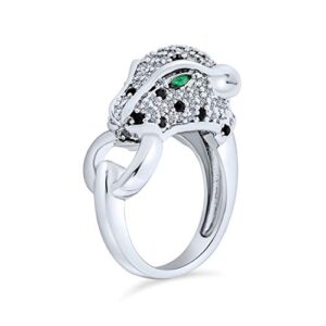 Green Eye Black White Cubic Zirconia CZ Fashion Leopard Panther Cat Statement Ring For Women Silver Plated Brass