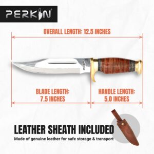 Hunting Knife with Sheath - 12.5" Fixed Blade Knife with Leather Handle & Sheath - 59-60 HRC Rated & Full Tang Design Hunting Knife for Survival, Fishing, Tactical, Camping & Bushcraft - Perkin Knives