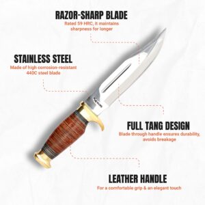 Hunting Knife with Sheath - 12.5" Fixed Blade Knife with Leather Handle & Sheath - 59-60 HRC Rated & Full Tang Design Hunting Knife for Survival, Fishing, Tactical, Camping & Bushcraft - Perkin Knives