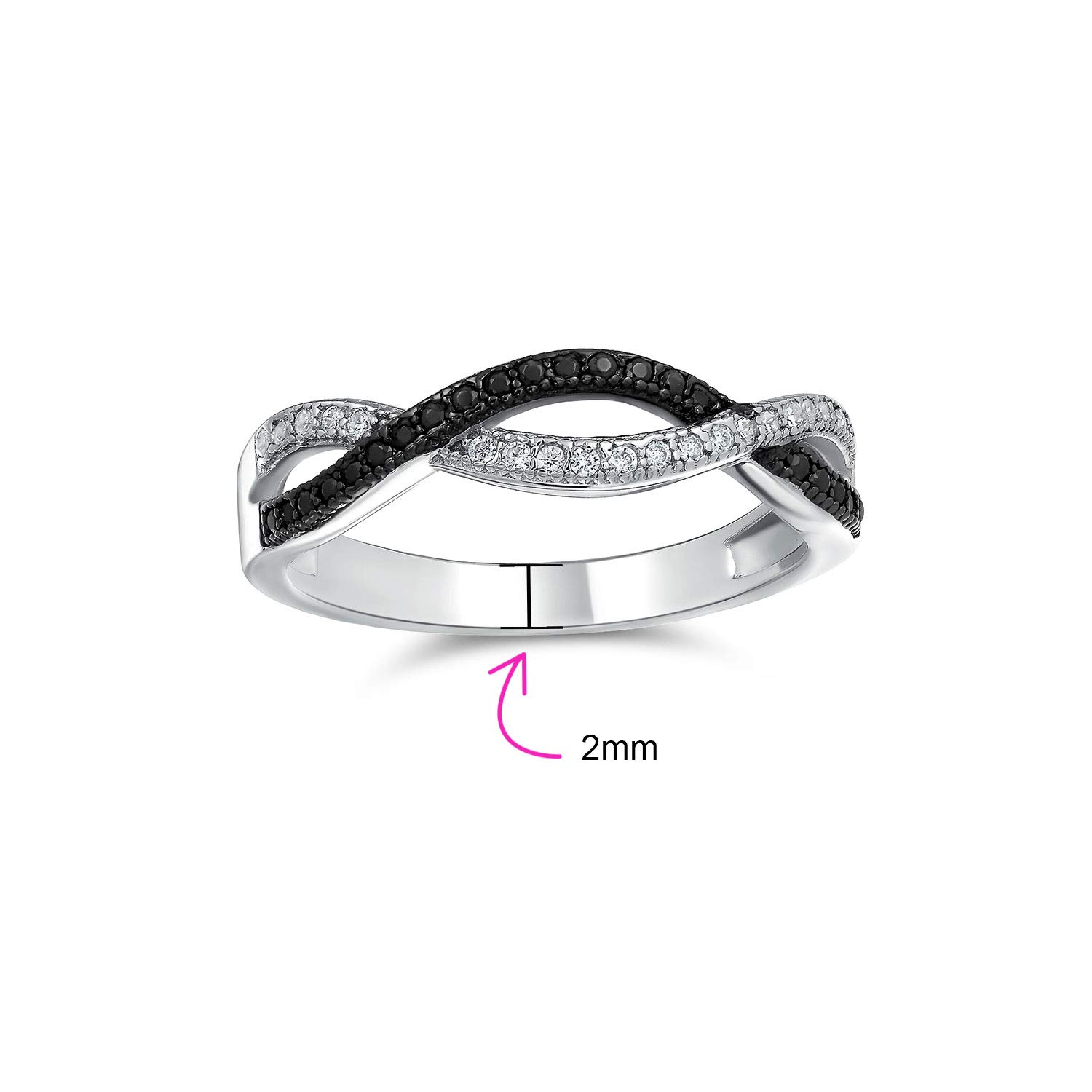 Two Tone Intertwined Twist Knot 1/2 Eternity Black & White Pave Cubic Zirconia CZ Infinity Band Ring For Women Girlfriend .925 Sterling Silver