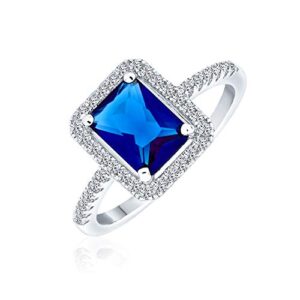 Bling Jewelry 3CT AAA CZ Pave Band Rectangle Solitaire Halo Blue Simulated Sapphire Emerald Cut Engagement Ring For Women .925 Sterling Silver